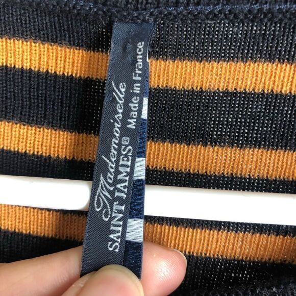 Saint JAMES MADEMOISELLE Wool Blend Orange Black Stripe Sweater Bow Appliques Sz - Picture 3 of 9